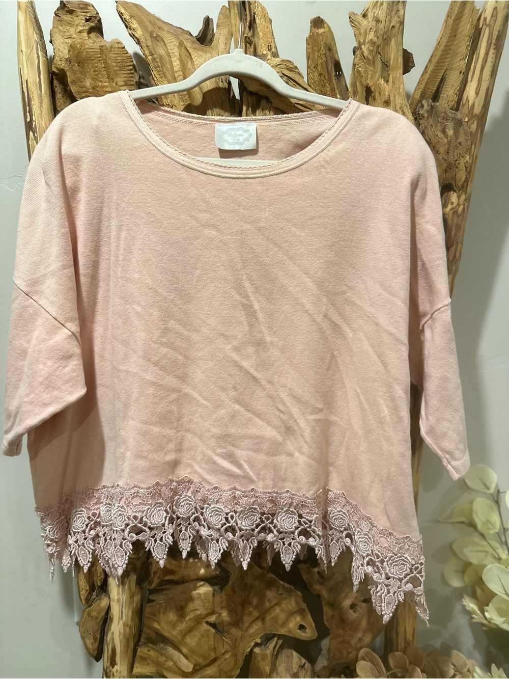 Catherine Cole Studio Light Pink Cropped Sweater with Lace Hem